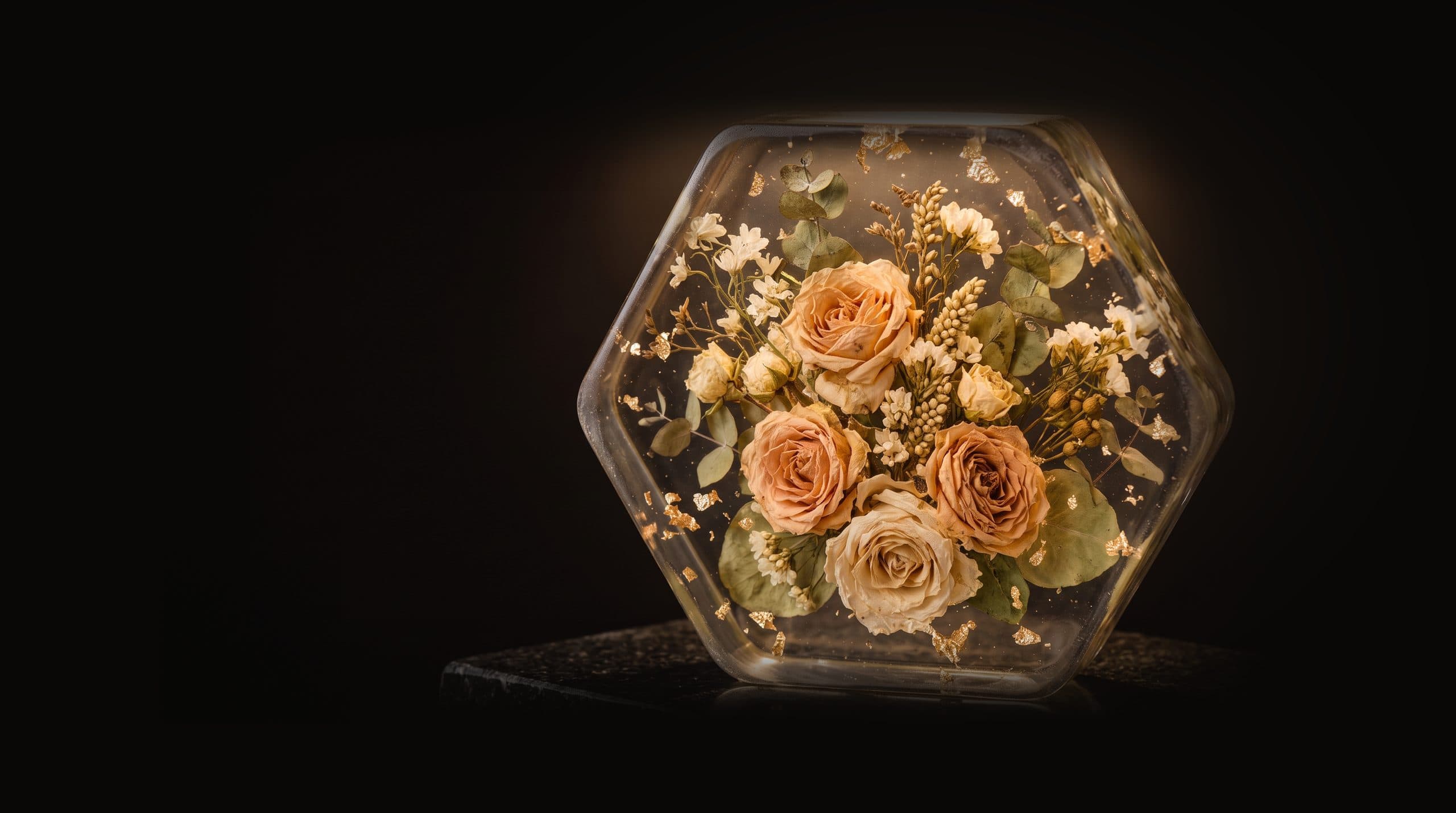 Coração de resina transparente com rosas, lírios e gipsófila do bouquet, sob uma luz quente